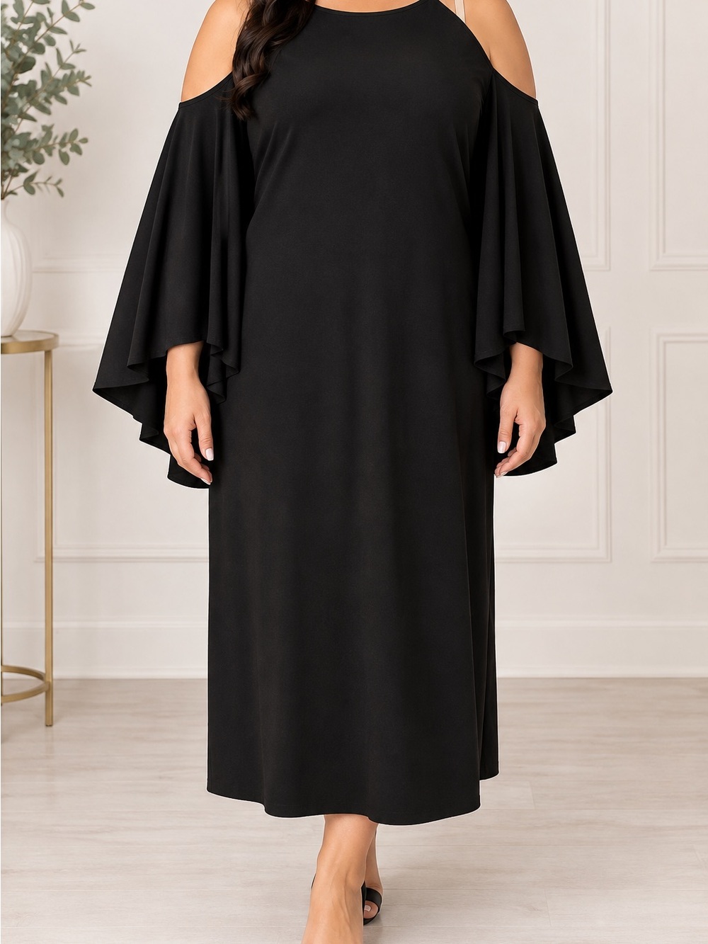 R&M Richards Black Cold-Shoulder Maxi Dress with Dramatic Bell Sleeves